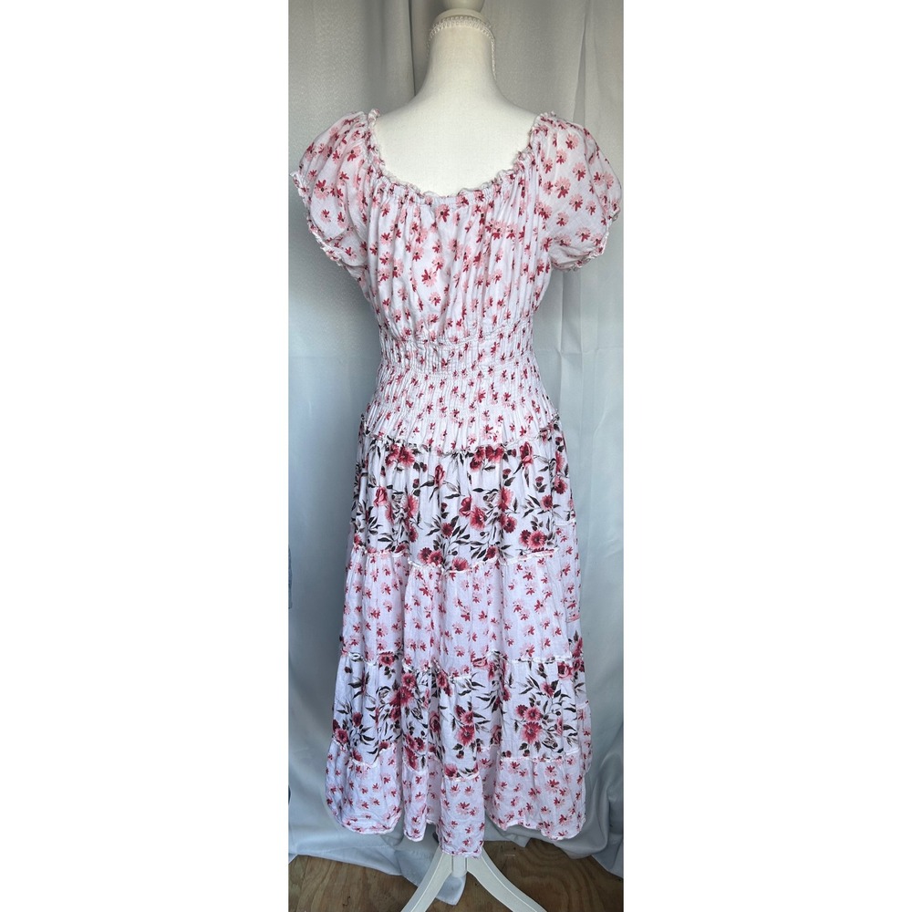 Floral Cotton Smocked Midi Dress Pink Red White Tiered Puff Sleeve Cottagecore